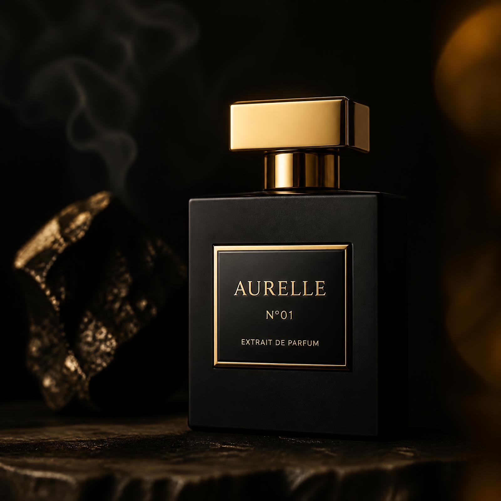 Flacon Aurelle N°01 Ambre Noir sur fond sombre
